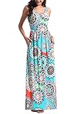 Zattcas Women Floral Tank Maxi Dress Pocket Sleeveless Casual Summer Long Dress (Medium, Multi Turquoise)