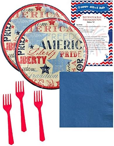 4th of July Disposable Dessert Party Supply Bundle - Patriotic Traditions - Dessert Plates, Napkins, Forks Set (Serves 16)