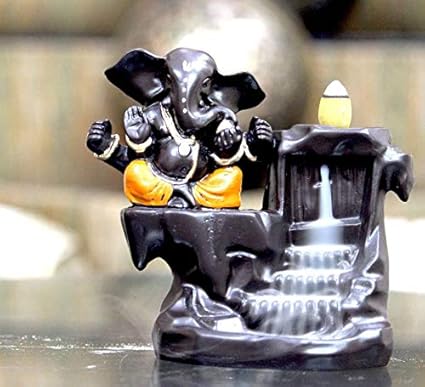CRAFTAM Big Size Ganesha Backflow Burner, Ganpati Deva Smoke Backflow Incense Holder with 10 Backflow Incense Cone (Big Size LWH : 10X8X12.5 cm, G4-Orange)