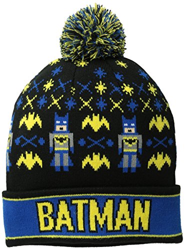 Batman Men's Intarsia Knit Cuff Pom Beanie, Black One Size