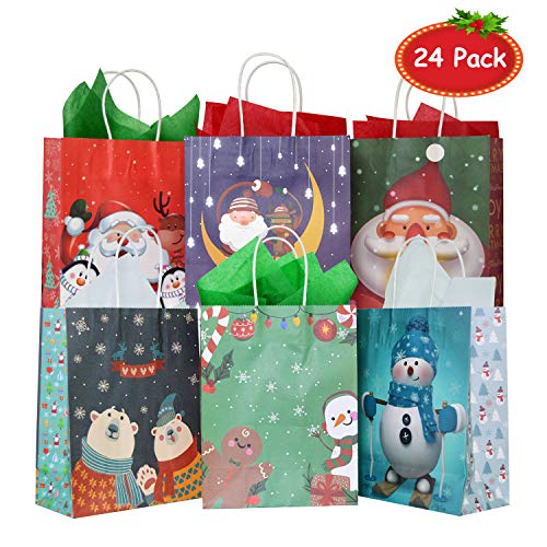 24 Pack Christmas Kraft Gift Bags with 24 Tissue Papers, Holiday Paper Gift Bags,Party Favors Goody Bags, Xmas Presents, Classrooms and Wrapping Stocking Stuffers (Merry Christmas A)