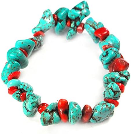 Blue Turquoise & Red Coral Stretch Bracelet 8" Gift IdeasN14061366b