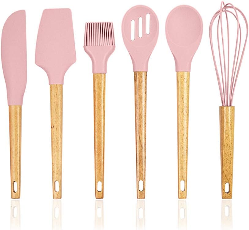 HomeArt 6 Pack Silicone Baking Utensils Set | Kitchen/Cooking Tools - Spatula, Pastry Brush, Whisk, Scraper, Slotted and Solid Spoon | Non-Stick, Non-Scratch, Heat Resistant (Pink)