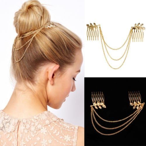 Womens Fashion Gold Metal Tassel Leaf Comb Cuff Chain Jewelry Headband Hair Band