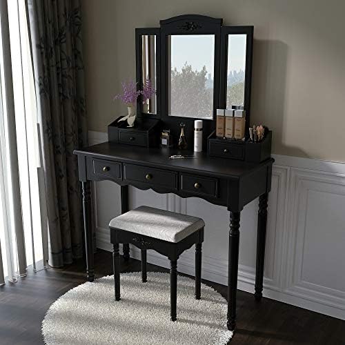 Vanity Stool Set, Make Up Table with 5 Drawers,Tri-Folding 3 Mirrors, Cushioned Stool Easy Assemble Black