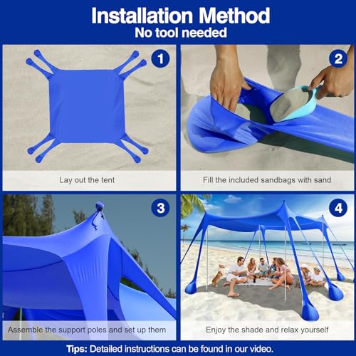Rhino Valley 3 x 3 m Ultra Stable Portable Beach Tent, UV Protection UPF50+ Super Windproof Beach Tent with 8 Fillable Sand Anchors and 4 Aluminium Rods