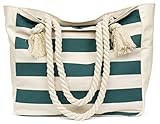 Malirona Beach Canvas Travel Tote Bag (Green Stripes)