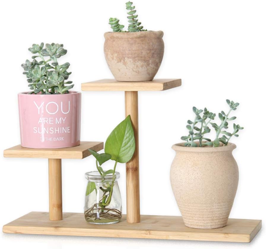 QUMENEY Bamboo Plant Stand Indoor, Mini 3-Tier Mini Tabletop Wood Succulent Plant Stand