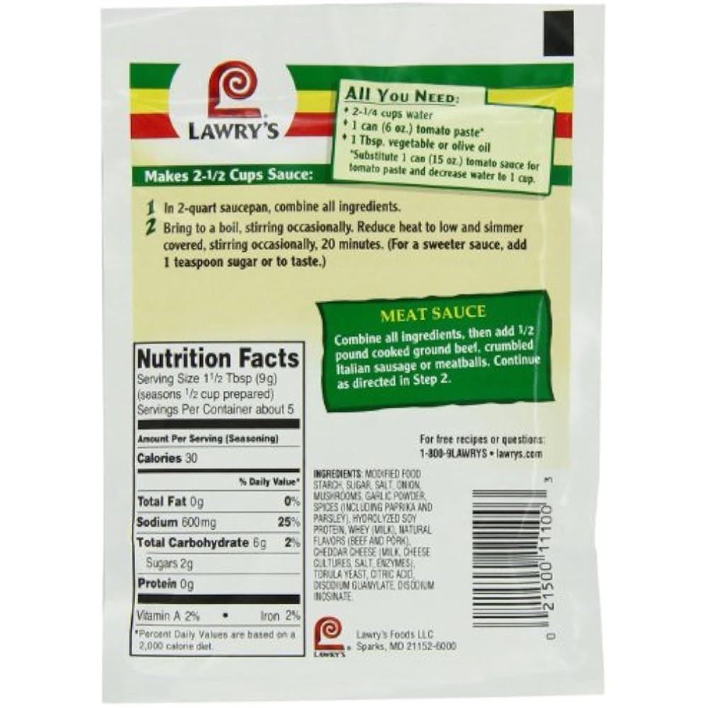 Lawry's Italian Seasoning Spaghetti Mix, 1.5 Oz (Pack Of 24) Seasonings