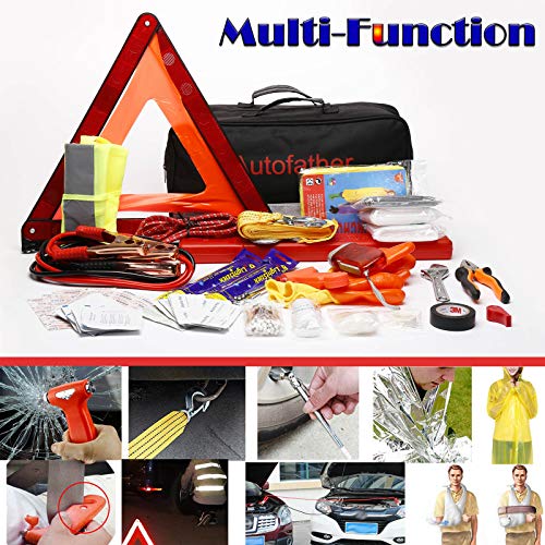 Car Truck RV Emergency Safety Kit 123Pcs Roadside Assistance Winter Survival Rescue Tools with Jumper Cable Tow Rope Triangle Blanket and First Aid Kit Bandage, 2 Year Warranty