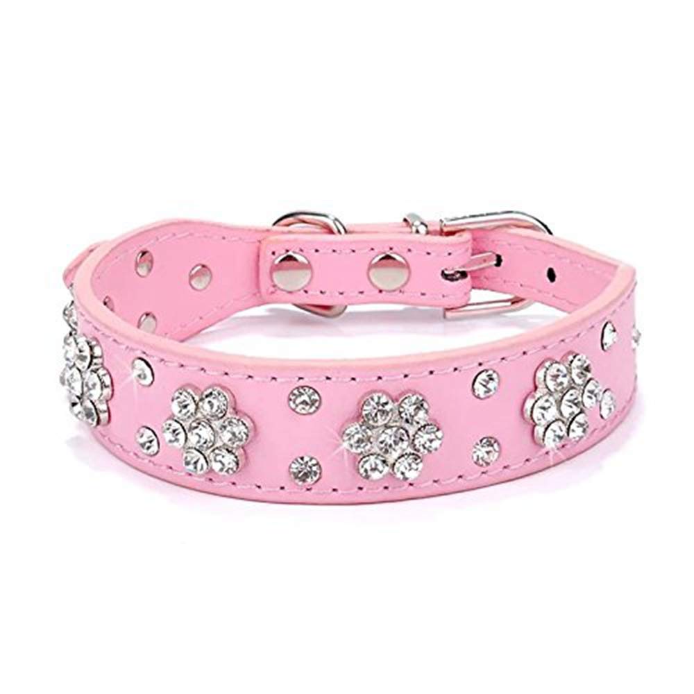 haoyueer Rhinestone Dog Collar, Cute Flower Rhinestone Cat Dog Collar Bling Collar PU Leather Collar Adjustable Sizes Small Medium Large (M, Pink)
