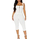 kimmymax Women Sexy 2 Piece Outfits Hollow Lace Up Tank Top and Bodycon Shorts Capri Sets Club Outfits