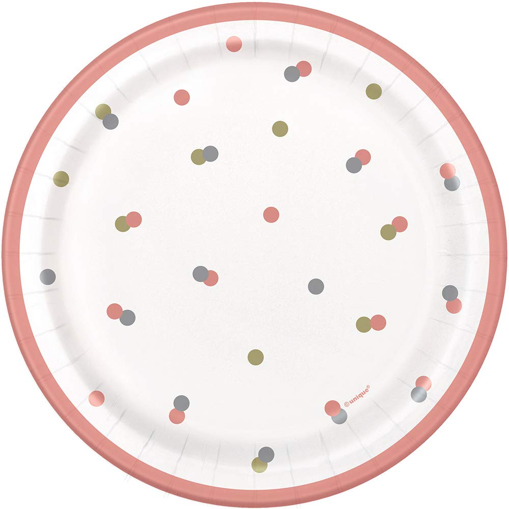 Unique Party 84893 Round Paper Plates-7" | Disposable | Glittery Pcs, Happy Birthday, Rose Gold, 8 Count (Pack of 1)