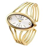 Top Plaza Womens Fashion Bangle Cuff Bracelet Quartz Watch, Oval Face Gold Tone - Silver Face