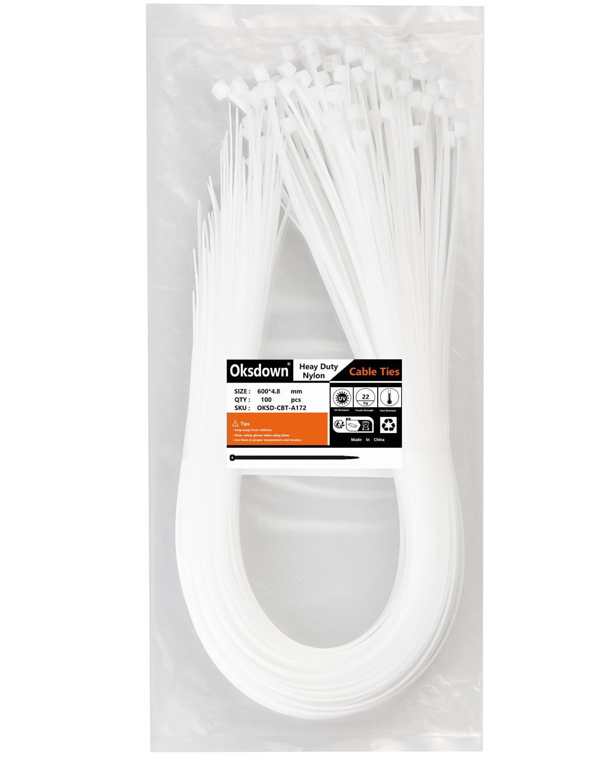 Oksdown 100 Pack White Thick Cable Ties Heavy Duty Large 600mm×4.8mm Strong Clear Nylon Plastic Self Locking 24 inch/60 cm Extra Long Zip Tie Wraps