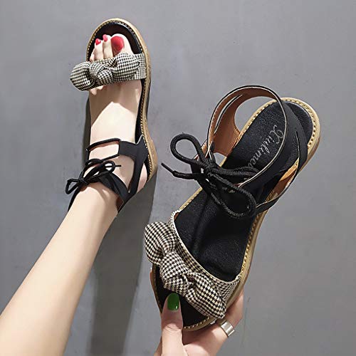 SMALLE ◕‿◕ Women's Elastic Flat Sandals, Women's Ladies Summer Ankle Strap Bowknot Beach Sandals Espadrilles Shoes Black