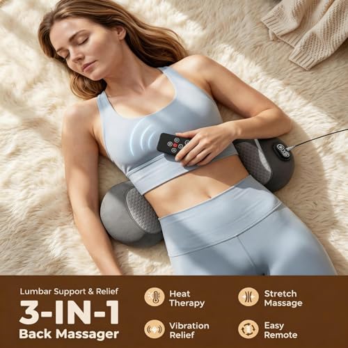2026 Upgraded 3-in-1 Lumbar Support Pillow with Remote Control, Triple Fusion Back Massager with Heat, Vibration & Stretching, Portable Electric Lumbar Pillow for Home, Office, Travel & Car