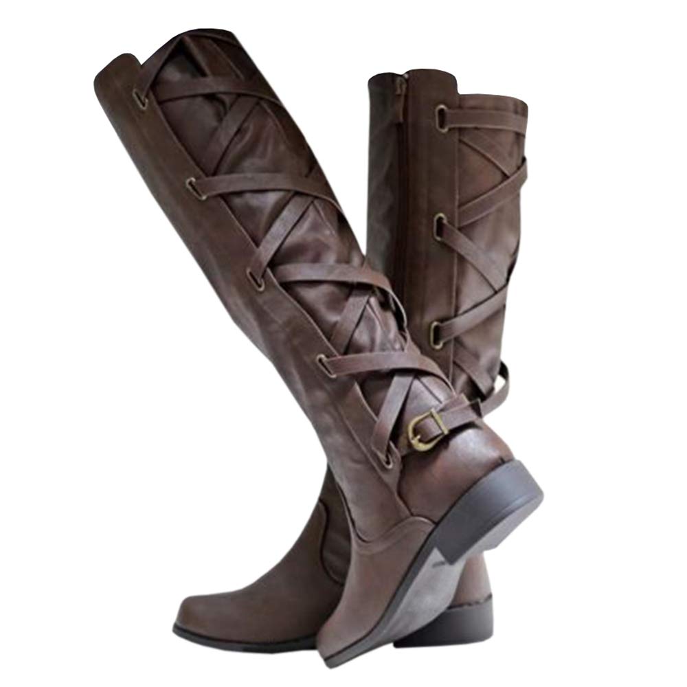LAICIGO Women’s Riding Boots Knee High Side Zipper Strappy Lace Up Low Block Heel Faux Leather Winter Shoes (11 M US, 1…