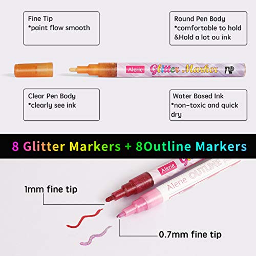 Glitter Paint Markers, 16 Pack Glitter Markers and Double Line Outline