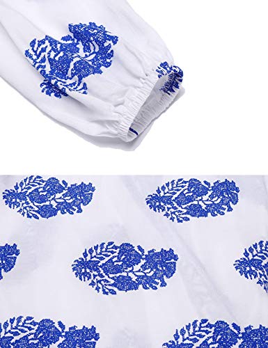 SoTeer Women Long Sleeve Shirt V Neck Boho Tops Floral Shirt Blouses Loose Tunic Tops White