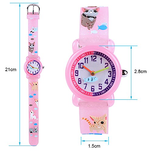 Venhoo Kids Watches Cartoon Waterproof Silicone Children Wristwatches Time Teacher Gifts for Boys Girls (Pink Cat Finish)