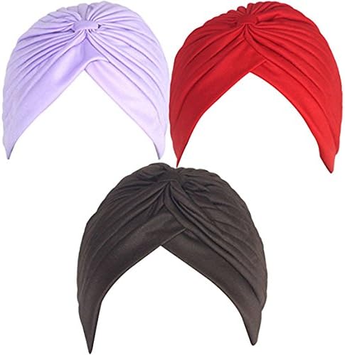 Yaketera Womens 3Pcs Twist Pleated Ruffle Chemo Bonnet Pre Tied Turban Cap Headwear