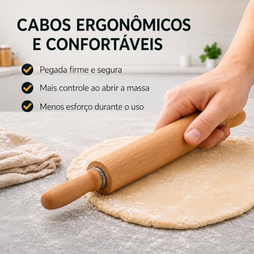 kit Rolo de Massa em Madeira 43 cm com Espatula de Corte e Raspadora de Inox com Régua de Medição 12 x15 cm Utensílio de Cozinha para Massas Premium