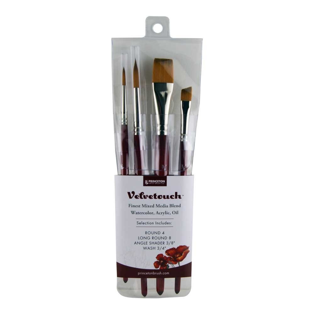 Princeton Velvetouch Fine Art Multi-Technique Brushes, 4 Piece Synthetic Brush Set, Short Handle, For Professionals & Students