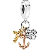 BEEUVIP Triple-tone Cross, Heart, & Anchor Dangle Charm 925 Sterling Silver Bead for Charm Bracelets and Necklaces, Birthday Mothers Day Jewelry Gifts Women