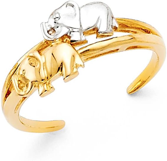 14k Yellow & White Gold Two Elephants Toe Ring Good Luck Charm Band Fancy One Size Fits All 8MM