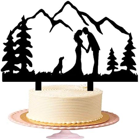 Groom kiss his Bride in Mountain velly with Dog wedding cake topper, Acrylic Cake Topper in Shiny Black