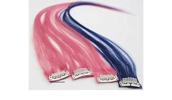 Amazon Com 4 Pieces Blue Pink Clip In Human Hair Extension