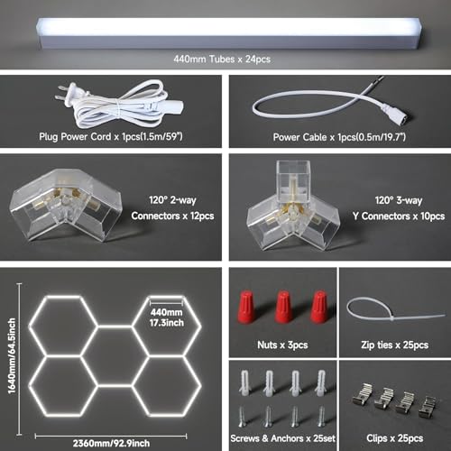 Hexagon LED Garage Lights:192W 5 Grids DIY led Honeycomb Ceiling Light,6500K Ultra Bright,2.4x1.7m,Easy Install, Durable Design for Garages,Car Detailing,Workshops,Exhibition Hall,Gym,Shopping malls