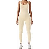 AURUZA Jumpsuit for Women Workout Seamless Jumpsuits Yoga Ribbed One Piece Tank Tops Rompers Sleeveless Exercise Jumpsuits, L, Beige