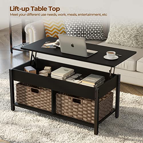 Rolanstar Coffee Table Lift Top, Coffee Table with Hidden Storage Compartment and 2 Rattan