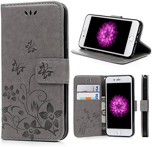 Chnano iPhone 7 Wallet Case(4.7’’), Slim PU Leather Card Holder Kickstand Stand Feature Strong Magnetic Closure with Wrist Strap&amp;Embossed Flowers Butterfly Flip Protective Cover for iPhone 7, Grey
