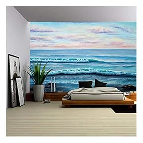 Original Oil Painting Showing Ocean or Sea,Shore or Beach on Canvas - Removable Wall Mural | Self-Adhesive Large Wallpaper - 66x96 inches