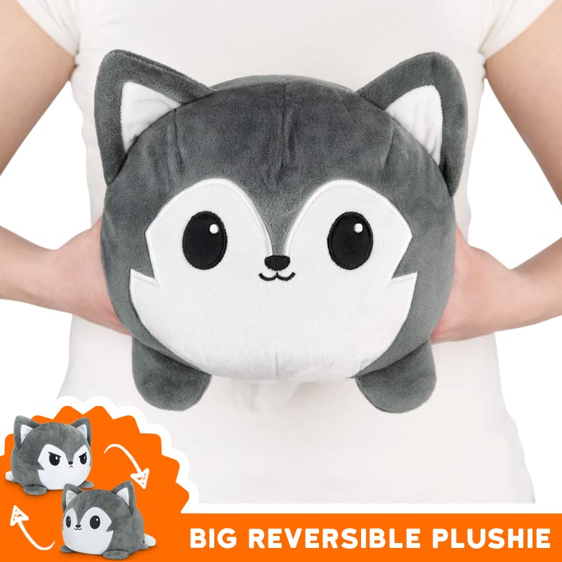 TeeTurtle - Original Reversible Big Wolf Plushie - Gray - Huggable and Soft Sensory Fidget Toy Stuffed Animals That Show Your Mood