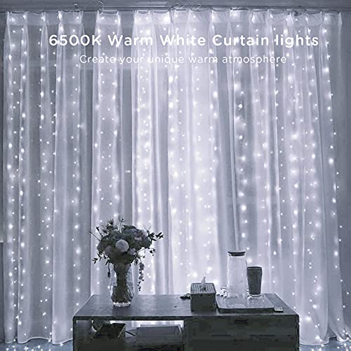 300 LED Window Curtain String Light, 8 Lighting Modes Fairy Twinkle String Lights with Remote, USB Powered Waterproof for Christmas Bedroom Party Wedding Home Garden Wall Decorations, White