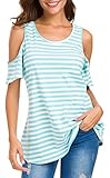 HBEYYTO Womens Cold Shoulder Striped Print T Shirt Short Sleeve Round Neck Casual Loose Tops and Blouse S-XXL