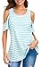 HBEYYTO Womens Cold Shoulder Striped Print T Shirt Short Sleeve Round Neck Casual Loose Tops and Blouse S-XXL