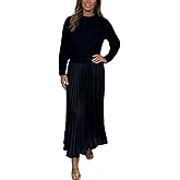 ZOCANIA Women's Ribbed Knit Pullover Fake Two-Piece Long Sleeve Maxi Dress Color Block Patchwork Sweatshirt & Pleated Dress