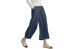 ECUPPER Womens Casual Loose Elastic Waist Cotton Trouser Cropped Wide Leg Pants