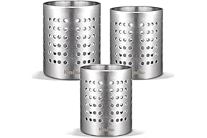 KSENDALO Round SUS304 Stainless Steel Utensil Holder Set of 3 - Silver Caddy & Organizer for Drying Cooking Spoons, Spatulas, and Silverware - Essential Kitchen Container for Countertop