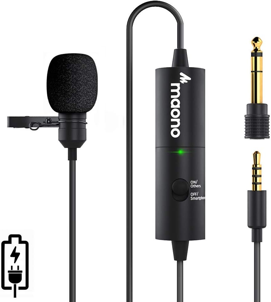 Lavalier Microphone MAONO AU-100R Rechargeable Omnidirectional Condenser Clip On Lapel Mic with LED Indicator for Recording, Interview, Vlogging, Voice Dictation, ASMR, Camera, DSLR, Smartphone, PC: Musical Instruments