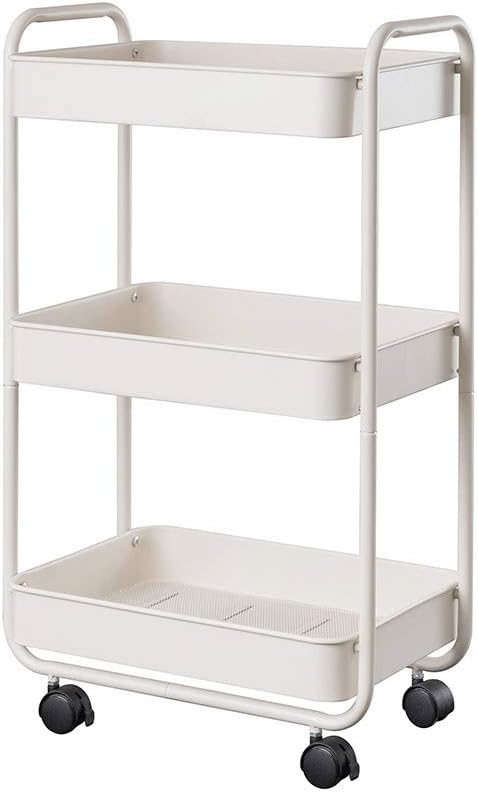 Buruis 3-Tier Rolling Utility Cart Metal Storage Shelves Multifunction Trolley with Utility Handles Easy Assembly for Kitchen, Office, Bedroom, Nursery Room, Pantry, Bathroom (White): Kitchen & Dining