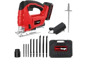 Powertough 20v Cordless Jigsaw Tool Kit,Big Size 100(8) mm,Quick Release Blade,Pendulum Function, 0-45°Adjustable Cutting Bev