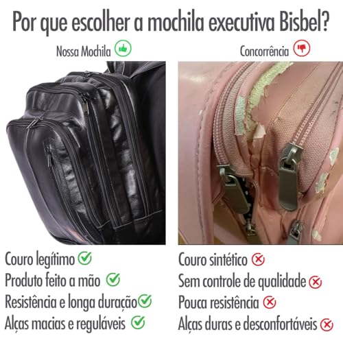 Mochila Couro Legítimo Natural Notebook Executiva Preto Masculina Premium Bisbel 44x33x18cm