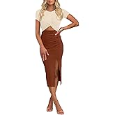 oten Women's Summer Short Sleeve Cutout Twist Front Side Slit Ribbed Knit Party Club Bodycon Midi Dresses