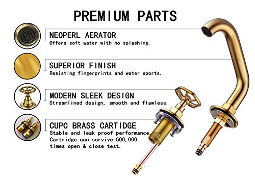 RKF Solid Brass Two Handle Widespread Bathroom Sink Faucet with Pop-up Drain with overflow and CUPC Faucet Supply Hoses,Brushed Gold,CWF026C-BG